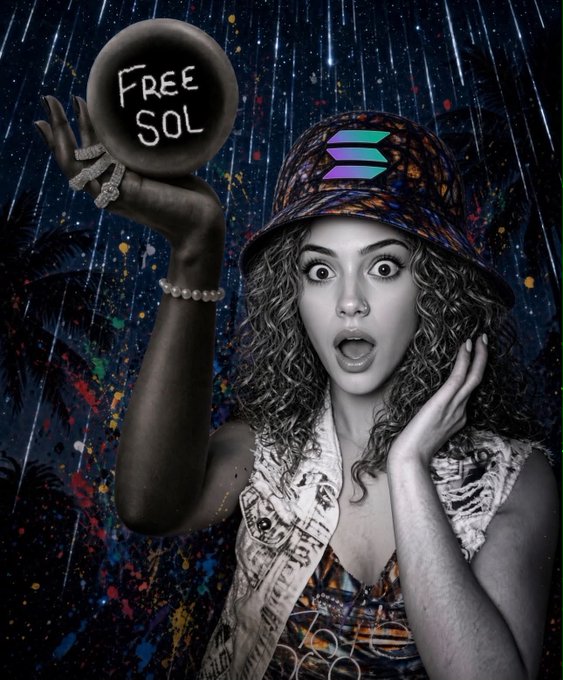 Stylized black-and-white image of a woman in a bucket hat holding up a ball labeled 'FREE SOL' against a colorful paint-splatter background.