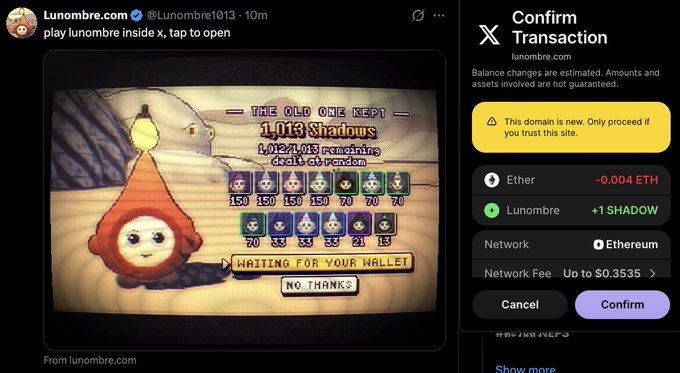 The image shows a promotional graphic for "Lunombre.com" advertising an NFT collection with "1,013 Shadows" (out of 1,012/1,013 remaining) available for 0.004 ETH on Ethereum, alongside an X/Twitter post prompting users to "play Lunombre inside X" and confirm a transaction for 1 SHADOW with a network fee up to $0.3535.