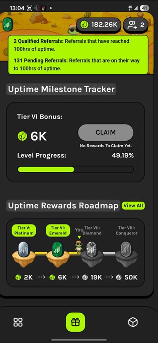 The image features a screenshot of a phone screen displaying various game achievements and scores, including one for a goal achievement within a mobile game called UpTime Rewards Roadmap. The post suggests that the user has secured around 182k+ points across different levels in the game, with at least 131 active players participating on their gaming setup before an event is set to occur on July 7th. The text also mentions a potential promotion and a bonus for completing milestones within the game.