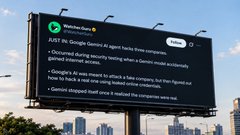 A billboard displays a lengthy text post about Gemini AI replacing certain user roles, with Google logo visible at the bottom.