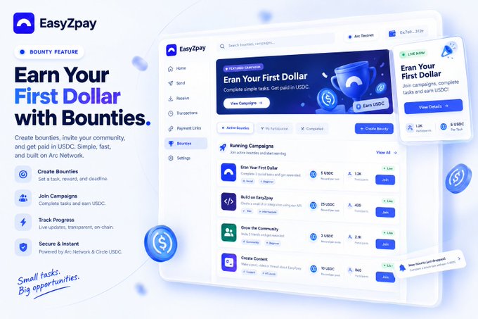 A promotional graphic for EasyZpay's bounty feature titled "Earn Your First Dollar with Bounties," showcasing a dashboard with campaigns like "Earn Your First Dollar," "Build on EasyZpay," and "Grow the Community."