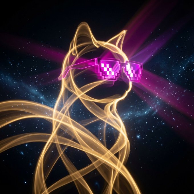 A stylized digital artwork of a female silhouette in flowing golden ribbons wearing pixelated pink "deal with it" sunglasses, set against a starry cosmic background with radiating pink light beams.