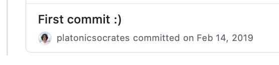 Social media notification showing 'First commit :)' from user 'platonicsocrates' commented on Feb 14, 2019.
