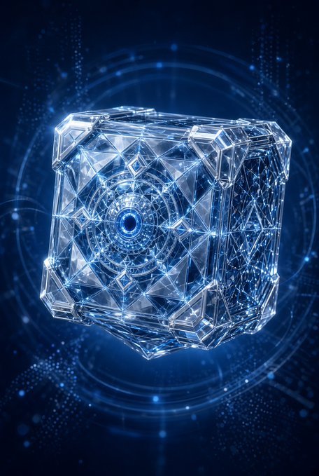 A glowing blue crystalline cube with intricate geometric patterns floats against a dark background with subtle concentric circles, evoking the high-tech realm of quantum computing. The image visually reinforces the post's message about Quip Network's decentralized marketplace that makes quantum computing accessible without requiring specialized hardware or physics expertise.