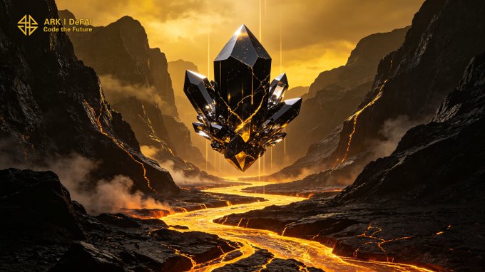 A massive, glowing black crystal hovers above a molten lava river in a fiery, mountainous landscape, symbolizing the intense pressure and momentum driving ARK's growth. The "ARK | DeFAI - Code the Future" logo appears in the upper left, reinforcing the brand's forward-looking, transformative vision as described in the accompanying post about ARK AI Agents accelerating community utility and expansion.
