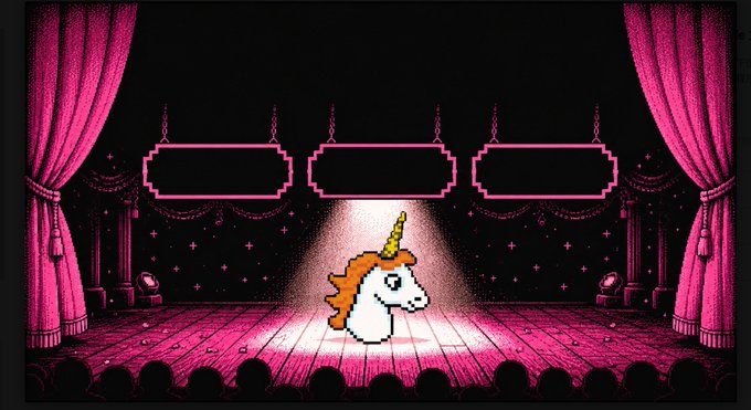A pixel art scene featuring a white unicorn with an orange mane standing on a spotlighted pink stage, framed by pink curtains and empty sign boards.