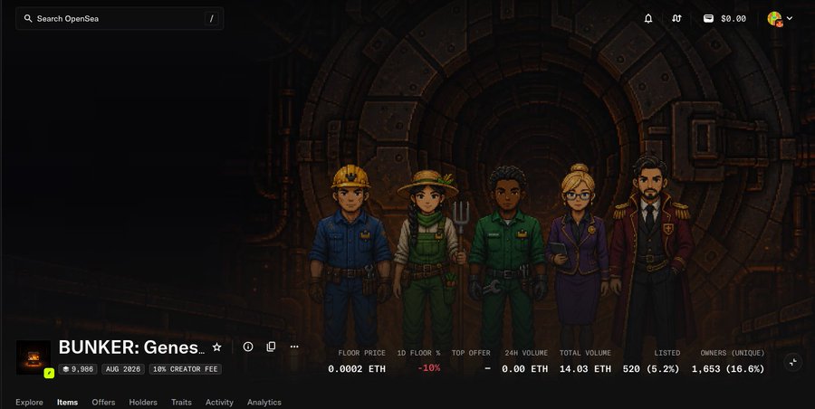 OpenSea webpage displaying an NFT collection called "BUNKER: Genes" featuring 5 illustrated character avatars with floor price 0.0002 ETH.