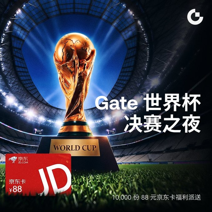 This image showcases a golden World Cup trophy displayed prominently in a stadium setting, promoting a "Gate 世界杯决赛之夜" (Gate World Cup Finals Night) campaign that gives away 10,000 JD.com gift cards worth ¥88 each to participants of Gate's Polymarket World Cup prediction contests for quarterfinals, semifinals, or championship picks.