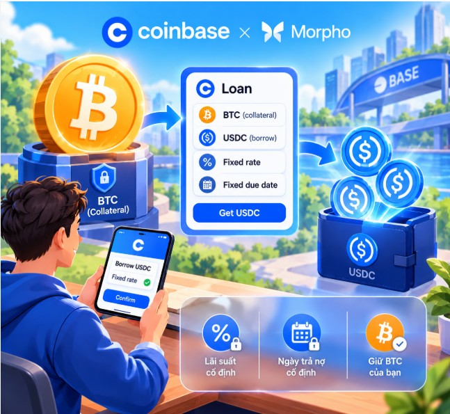 An illustration showing the Coinbase x Morpho integration on Base, depicting a user borrowing USDC against BTC collateral, with text including 'Loan', 'BTC (collateral)', 'USDC (borrow)', and 'Fixed rate'.