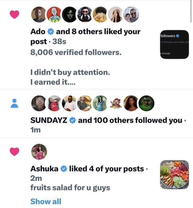 Instagram notifications showing likes from verified users like Ado and Ashuka, and new followers including SUNDAYZ, with activity timestamps of 38s, 1m, and 2m.