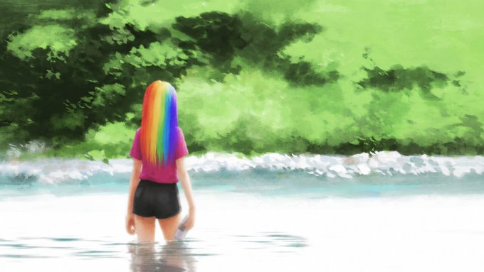 A digital painting of a person with rainbow-colored hair wearing a pink top and dark shorts, standing in shallow water facing a lush green forested shoreline.