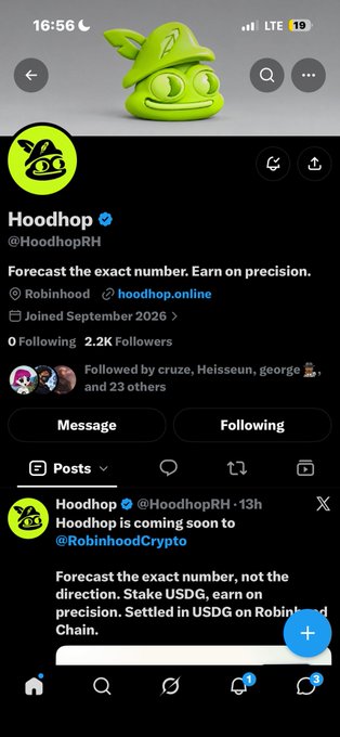 A Twitter/X profile page for 'Hoodhop' (@HoodhopRH), verified account with 2.2K followers, announcing an upcoming launch on RobinhoodCrypto to forecast exact numbers and stake USDG.