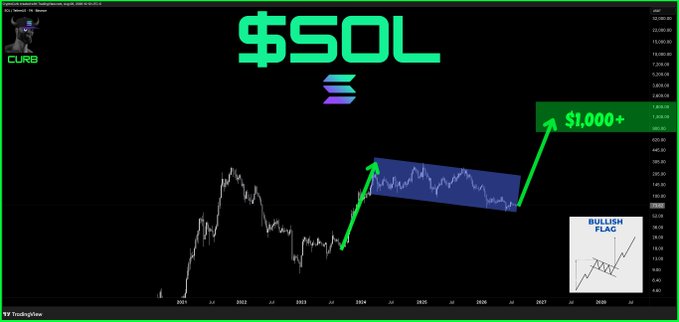 A bullish SOL price chart shows a long-term projection from 2021 to 2027, featuring a "BULLISH FLAG" pattern with a target price of "$1,000+," aligning with the post's claim that SOL is "programmed" to reach that milestone.