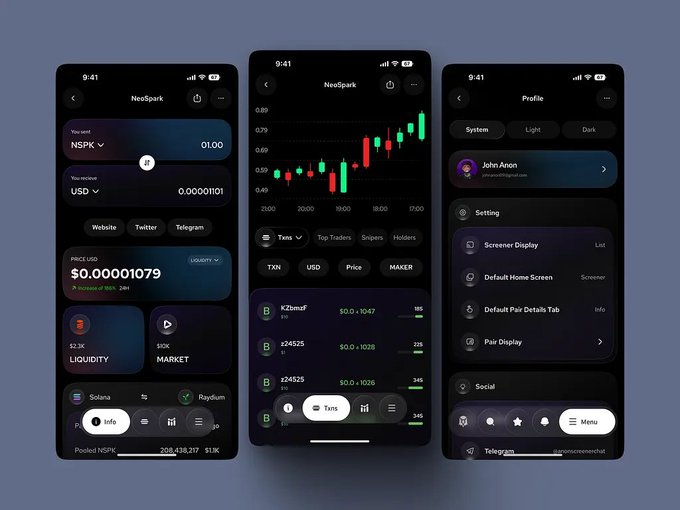 Three mobile app interface mockups for NeoSpark showing a token swap screen for NSPK/USD, a candlestick chart, and a profile/settings page for 'John Anon'.