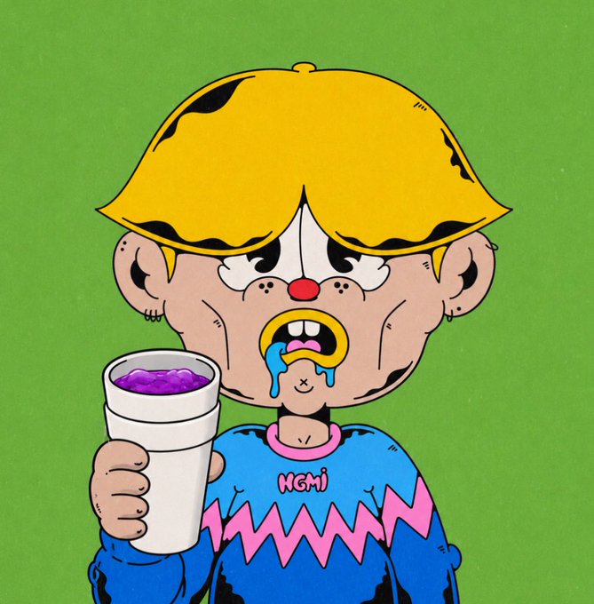 Digital illustration of a cartoon character with a yellow helmet, blue shirt labeled 'NGMI', drooling while holding a cup of purple liquid against a green background.