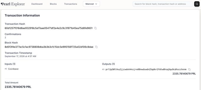 This image shows a Pearl Explorer (Mainnet) transaction details page for transaction hash 60d1257f0fd8ae93298c5d7aae0547df2e4e2c9c31971b45ea75d6fe9601, which has 2 confirmations and shows Coinbase as the sole input, with 2335.78140679 PRL sent to the address pr1ip901tkuzjjcwdxh4nzjw90nw5wdm25gdkr2fdw8hsq3qu9c0hccnhom, illustrating the curious post that questions why Coinbase appears as an input source for a native $PRL transfer.