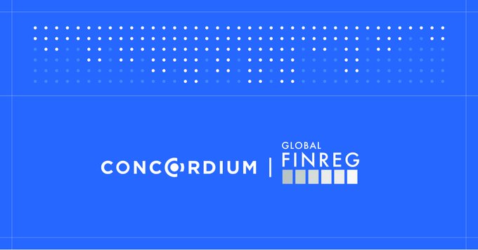 The image displays a Concordium and Global FinReg co-branded logo on a blue background with a dotted decorative pattern, representing a partnership between the two entities. This visual ties directly to the post's announcement about enabling companies to convert existing Legal Entity Identifiers (LEIs) into verified on-chain corporate identities through their collaboration.