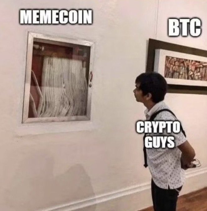 A meme showing a man staring at an abstract painting labeled 'MEMECOIN' while ignoring a framed artwork behind him labeled 'BTC', with the man captioned as 'CRYPTO GUYS'.
