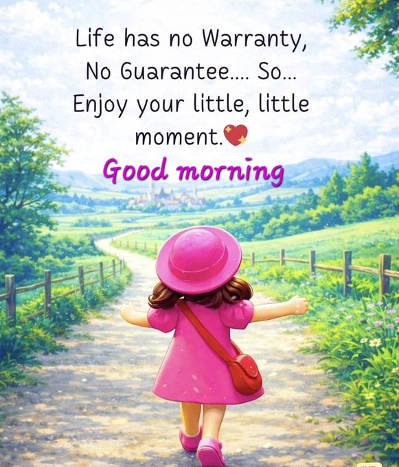 A good morning greeting image showing a girl in a pink dress walking down a path, with text: 'Life has no Warranty, No Guarantee... So... Enjoy your little, little moment. Good morning'.