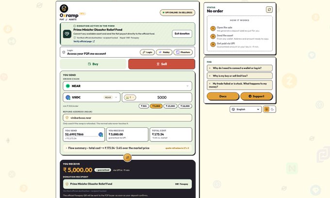 A fiat-to-crypto exchange interface by Onramp Money facilitating a P2P swap of 5,000 NEAR tokens to USDC for $5,000, with a receiving address set to wbwbv6eos.near.