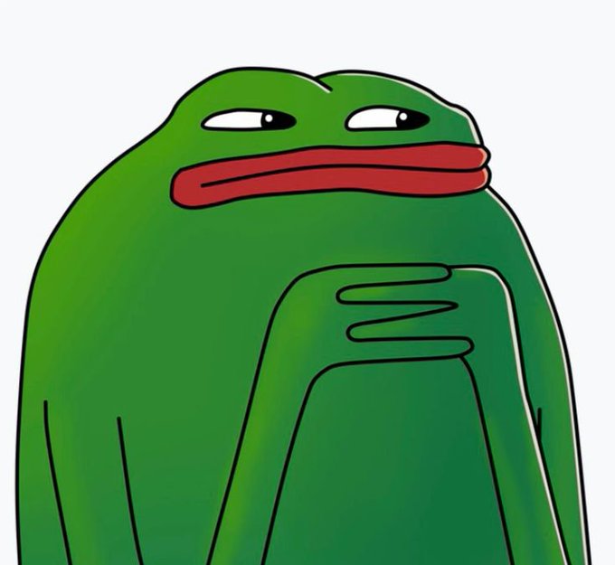 An illustration of the 'Sad Frog' Pepe character with half-closed eyes and a flat red mouth, resting one hand on the other in a somber pose.