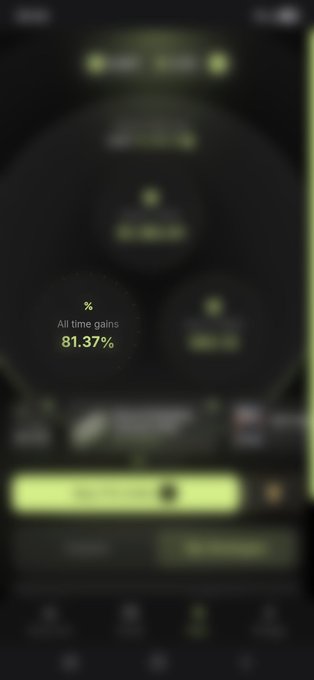 A blurred screenshot of a financial app or dashboard displaying an 'All time gains' statistic of '81.37%' highlighted in a circle.