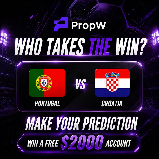 A promotional graphic by PropW features the matchup "Portugal vs Croatia" with the headline "Who Takes The Win?" and offers users a chance to win a free $2000 account by making their predictions.