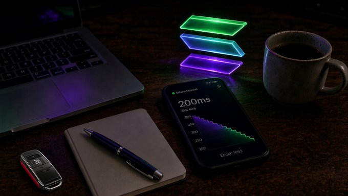 A smartphone on a wooden desk displays a chart tracking Solana Mainnet block latency, showing the latest slot time of 200ms, alongside glowing neon-solana (green, blue, purple) decorative lights, a coffee mug, notebook, pen, car key, and laptop. The image visually reinforces the post's announcement about Solana's latest network upgrade cutting slot times from 250ms to 200ms—down from 400ms in August—doubling block speed.