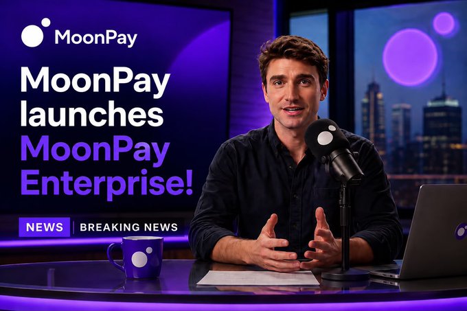A news anchor presents a "Breaking News" segment announcing that MoonPay is launching "MoonPay Enterprise," with the MoonPay logo and branding displayed prominently against a purple studio backdrop featuring a city skyline.