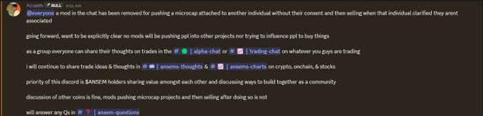 The image is a Discord message from "Ansem" in the "trading-chat" channel, posted at 3:04 AM, announcing the removal of a mod ("everyone") for attaching a microcap to another individual without consent and selling it after the person clarified they weren't associated. Ansem clarifies that no mods will push coins into other projects, and invites members to discuss trades in the trading-chat and share trade ideas in the alpha-chat and channels like ansems-thoughts and ansems-charts. The post relates to the accompanying caption by showing Ansem directly addressing the community about a mod abusing trust, reinforcing the message about the importance of trust in crypto communities and the consequences of misusing the Collective's reputation.