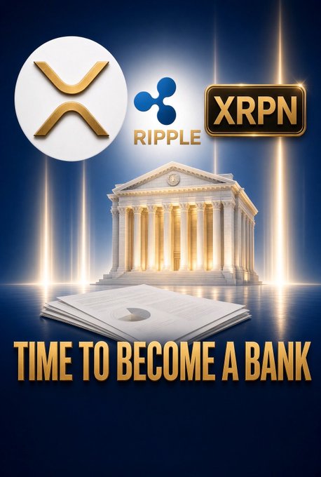The image is a stylized promotional graphic featuring a Greek-style bank building topped with logos for Ripple and "XRPN," set above an open book with a pie chart and the bold caption "TIME TO BECOME A BANK." It visually reinforces the post's argument that Ripple/XRPN is positioned to obtain a banking charter (OCC), marking the "icing" on its merger and public-treasury milestones.