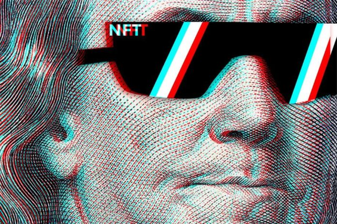 A stylized red and cyan glitch-art portrait of a face wearing shutter shades with 'NFT' text in the corner.