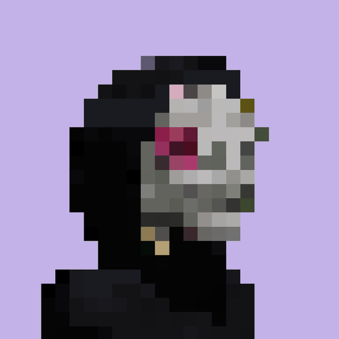 A pixelated profile portrait of a hooded figure against a lavender background, with the side of their face rendered in a mix of white, pink, and gray tones that form a rough skull-like or animal-head shape, visually echoing the post's observation about the mask resembling a goat head.