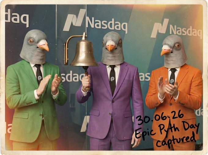 Surreal image showing three figures with pigeon heads wearing green, purple, and orange suits at the Nasdaq bell, with handwritten text reading '30.06.26 Epic Pyth Day captured'.