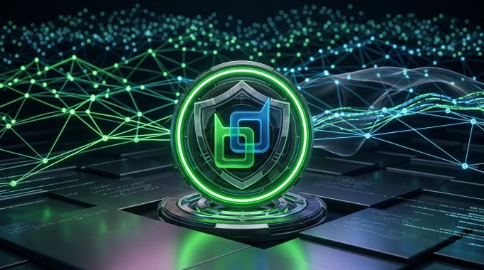 A glowing green circular emblem with a blue chain-link symbol is displayed on a digital platform with a network of connected nodes in the background.