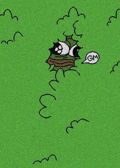 A cartoon illustration of a creature bursting through a green wall, saying "GM" in a speech bubble.