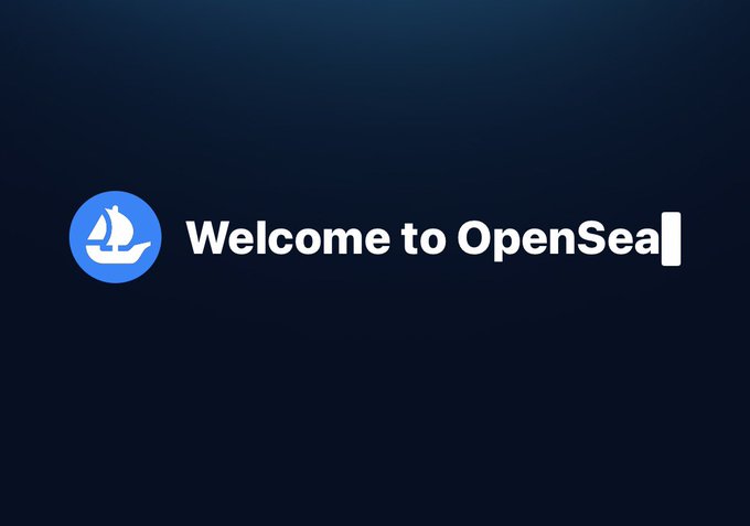 The OpenSea NFT marketplace welcome screen displays 'Welcome to OpenSea' text alongside their ship logo on a dark blue background.