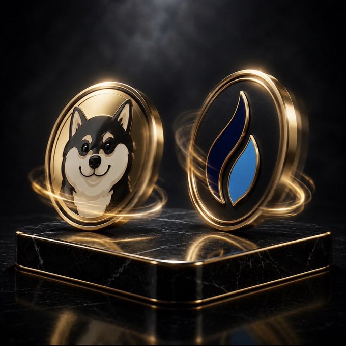 Two gold and black cryptocurrency coins displayed on a marble pedestal—one featuring a Shiba Inu dog and the other showing a blue flame-like Sui (SUI) logo.