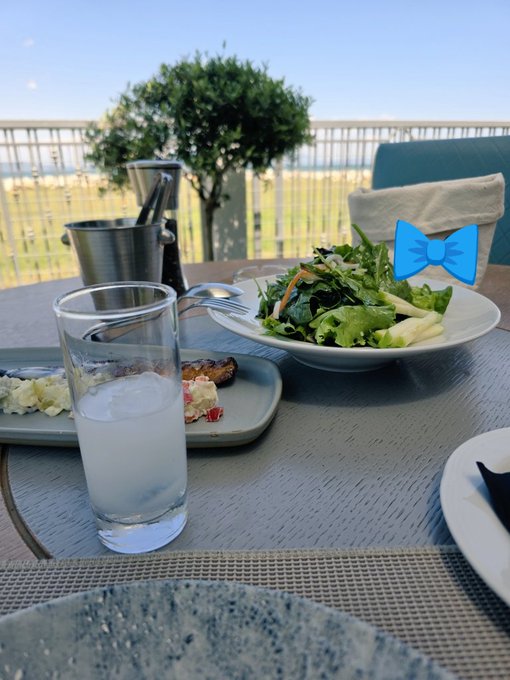 The image shows a dining table set with various items, including a glass of water, a plate of food (a salad), silverware, and a cup. The table also has a blue bow tie placed on top of one of the chairs. In the background, there is a view of a tree and a fence, suggesting that this meal was enjoyed outdoors or in an area with greenery. The post about lunch with a wife paid for by my profits Hyper Liquid seems to be related to the food served at the table, as it suggests that the person who set up the table might have used their profits from the Hyper Liquid business to pay for the meal.