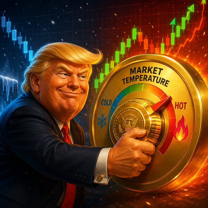 A digital illustration shows a caricature of Donald Trump in a dark suit and red tie, smiling while adjusting a large gold dial labeled 'MARKET TEMPERATURE' between 'COLD' and 'HOT', set against a background of stock market charts.