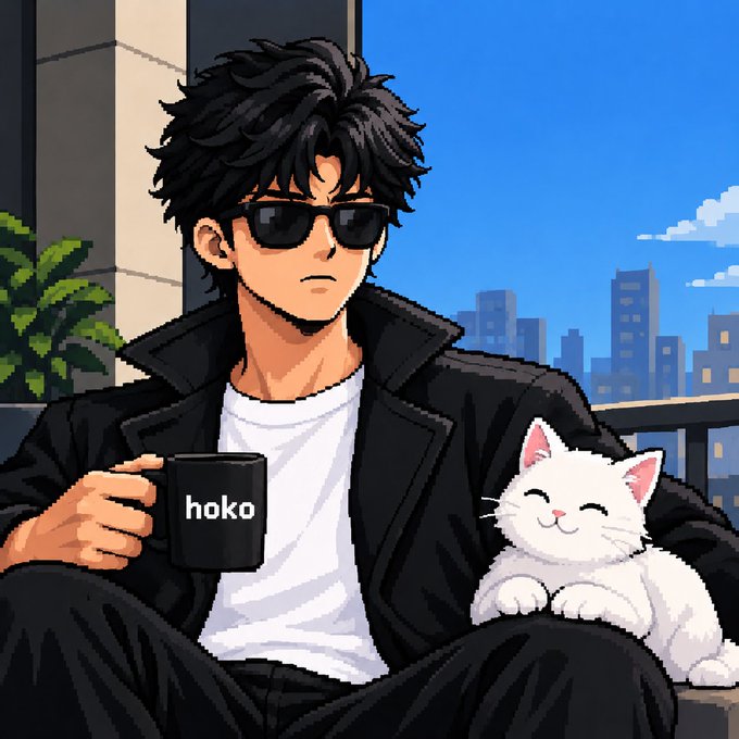 An anime-style digital illustration of a man with messy black hair wearing sunglasses and a black jacket, holding a mug labeled 'hoko' while sitting next to a smiling white cat against a city skyline backdrop.