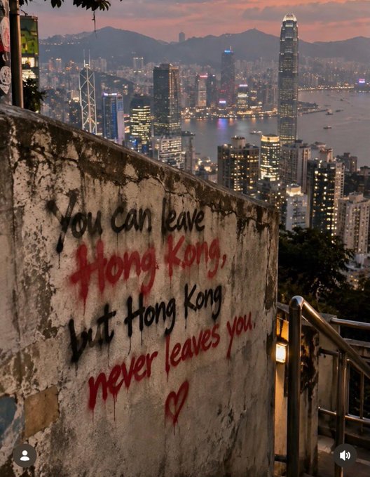 A photograph from Hong Kong overlooking the city skyline at dusk, with graffiti on a concrete wall reading 'You can leave Hong Kong, but Hong Kong never leaves you' accompanied by a heart.