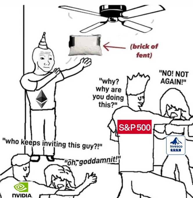 The image is a meme depicting a "PARTY HARD" scene where Ethereum (the "PARTY" clown) is tossing a "brick of fent" onto the ceiling fan, which is hitting characters labeled "S&P 500" and "Invesco QQQ" who cry out "NO! NOT AGAIN!" while Ethereum asks "why? why are you doing this?" Below, "NVIDIA" and another figure on the ground exclaim "Who keeps inviting this guy?!" and "öh, goddamnit!" The meme humorously illustrates the post's message that Ethereum's brief positive movement (the "one green day") coincides with a broader crypto-market sell-off, with ETH depicted as recklessly causing chaos for major indices and stocks.