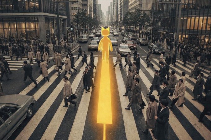 A surreal composite image showing a bustling 1960s-era Tokyo Shibuya-style crosswalk with crowds in vintage clothing, featuring a glowing golden humanoid figure standing on a beam of light in the center of the crosswalk.