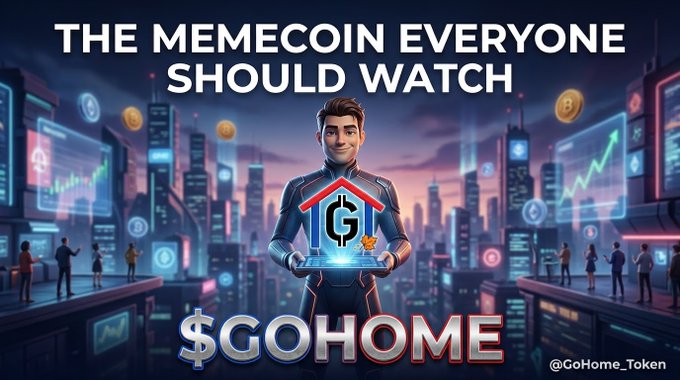 A promotional graphic featuring a man holding a glowing 'G' logo, with text reading 'THE MEMECOIN EVERYONE SHOULD WATCH' at the top, '$GOHOME' in large red letters at the bottom, and '@GoHome_Token' in the corner, set against a futuristic cityscape backdrop.