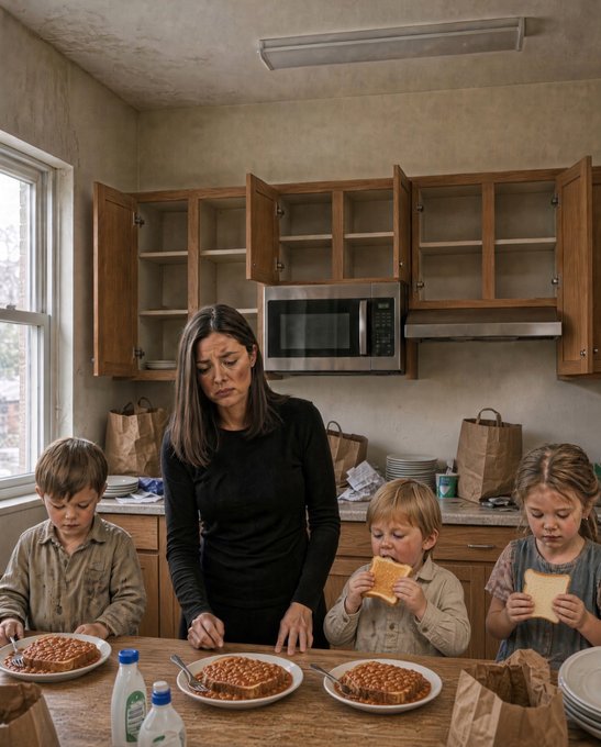 A mother and her three children eat simple bread and beans at a bare kitchen table with empty cabinets behind them, the mom looking weary and downcast as the caption humorously explains their financial ruin: a year ago, dad went heavy on crypto leverage expecting the 10/10 Q4 bull run, only to be wiped out by a mysterious "80-160" wallet.
