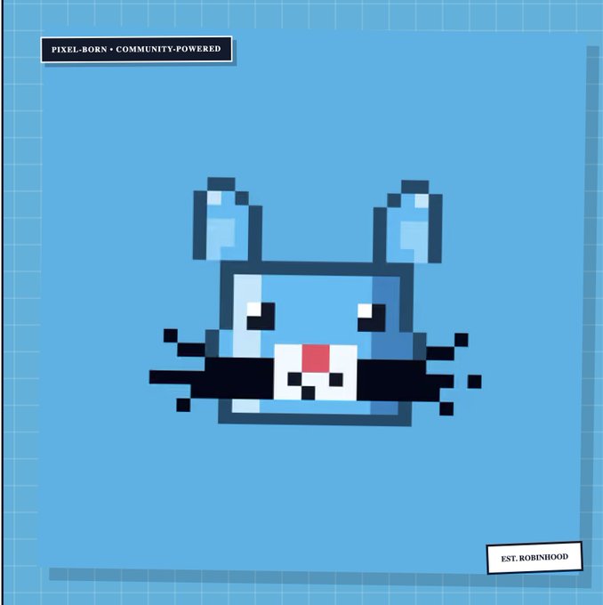 A pixel-art illustration depicts a blue bunny-like character with a small mustache and red nose, labeled "PIXEL-BORN • COMMUNITY-POWERED" and "EST. ROBINHOOD."