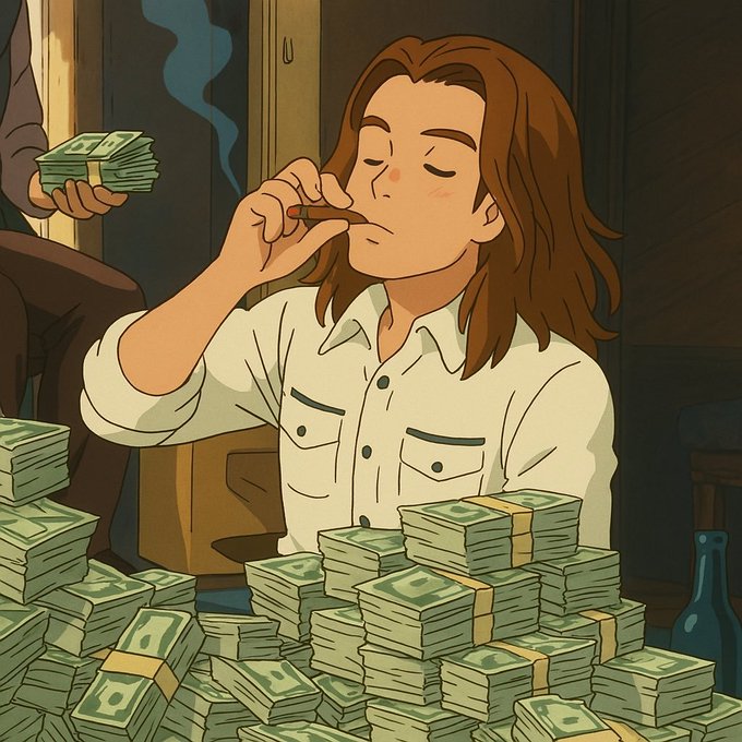 A long-haired man smokes a cigar surrounded by massive stacks of cash, with another figure handing him more bundles of money from the side. The image of wealth and triumph visually reinforces the post's caption "G-M C-T.. A New Day To Win." by symbolizing financial success and victory.