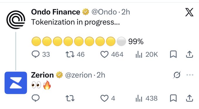A screenshot showing Ondo Finance's tweet "Tokenization in progress..." with 99% completion (20K views, 464 likes), followed by Zerion's (@zerion) reply of eyes and fire emojis, capturing the excitement around Ondo's integration being listed on the Zerion wallet platform.