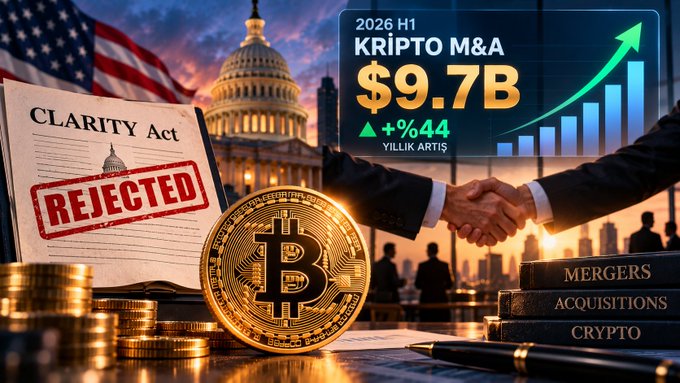 A promotional graphic showing a 'REJECTED' stamp on a 'CLARITY Act' document, a Bitcoin coin, and text reading '2026 H1 KRIPTO M&A $9.7B +%44 YILLIK ARTIŞ' against a backdrop of the US Capitol and a business handshake.
